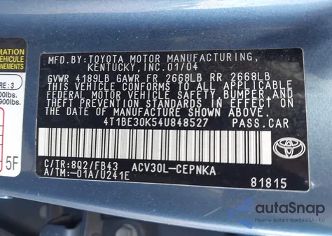 2004 Toyota Camry Le из США, поврежденный, VIN 4T1BE30K54U848527